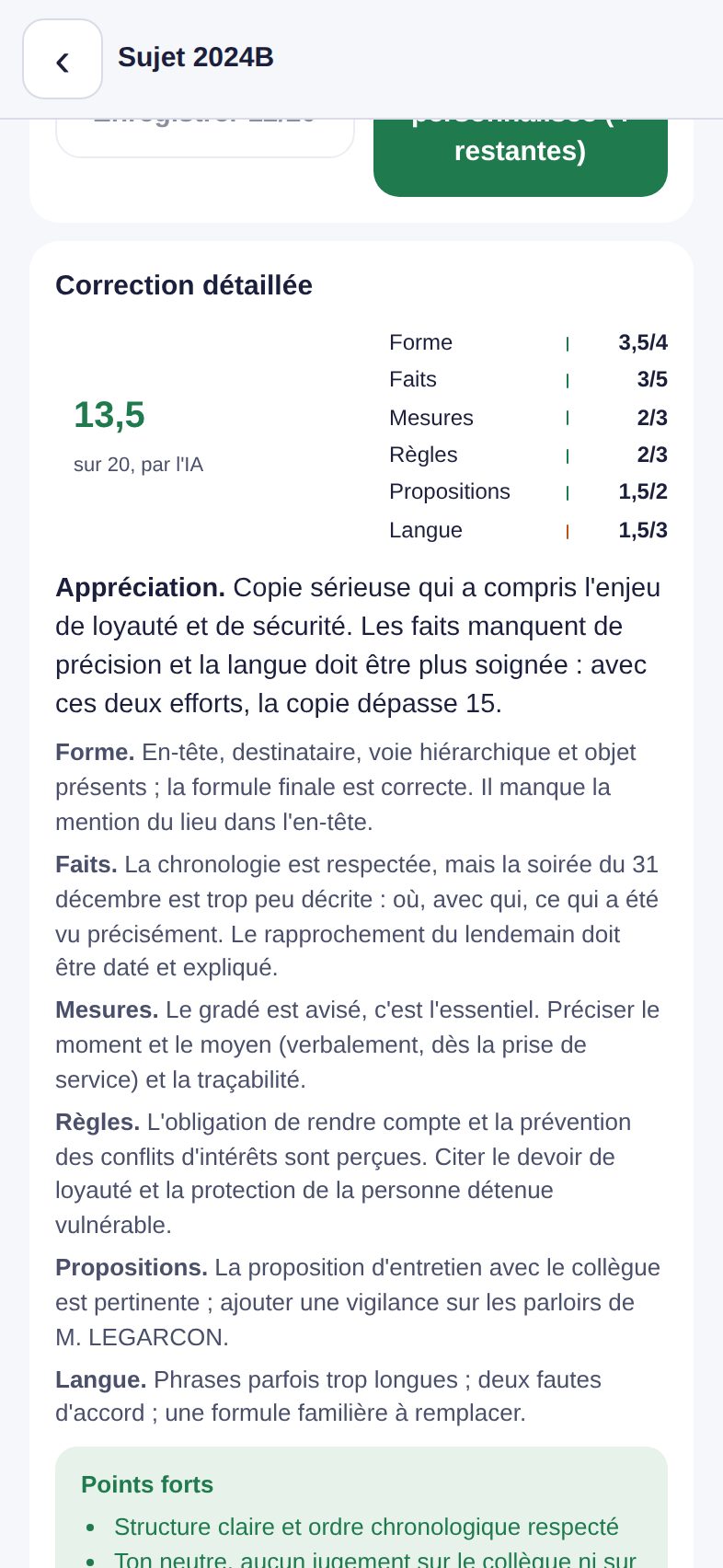 Une correction personnalisée : note par critère, appréciation et conseils