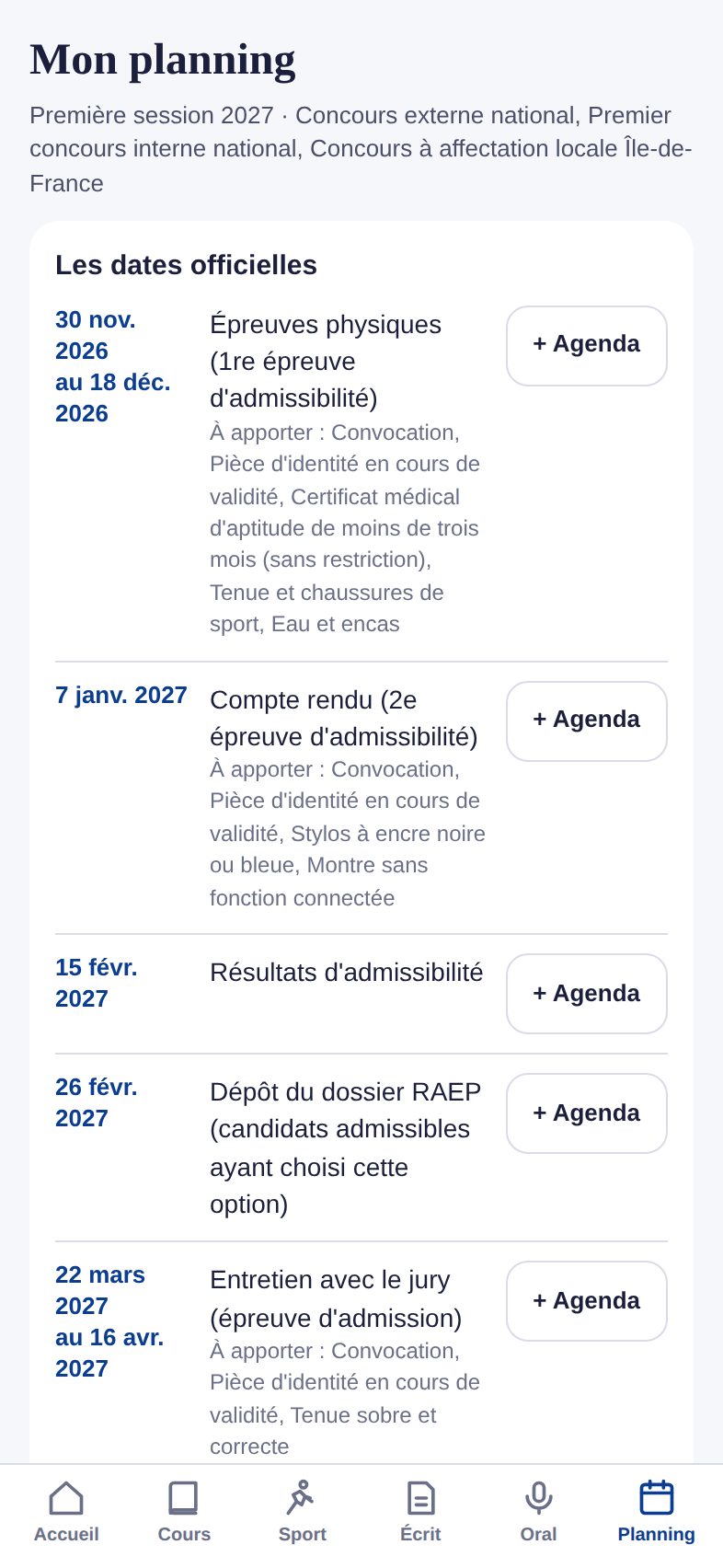 Le planning de la session avec les dates officielles